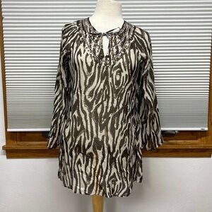 Chico’s NWT Chocolate Silk Tribal Medallion Attica Tunic Blouse Size Small